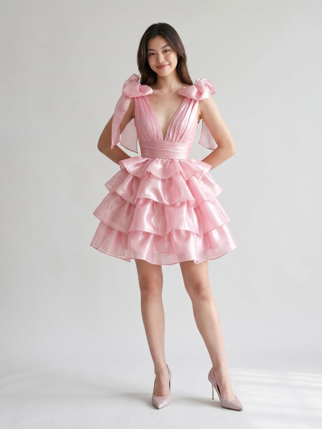 Blushing Pink Satin A-Line V-Neck Backless Short Homecoming Dress with Cascading Ruffles - Curvevia