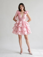 Blushing Pink Satin A-Line V-Neck Backless Short Homecoming Dress with Cascading Ruffles - Curvevia