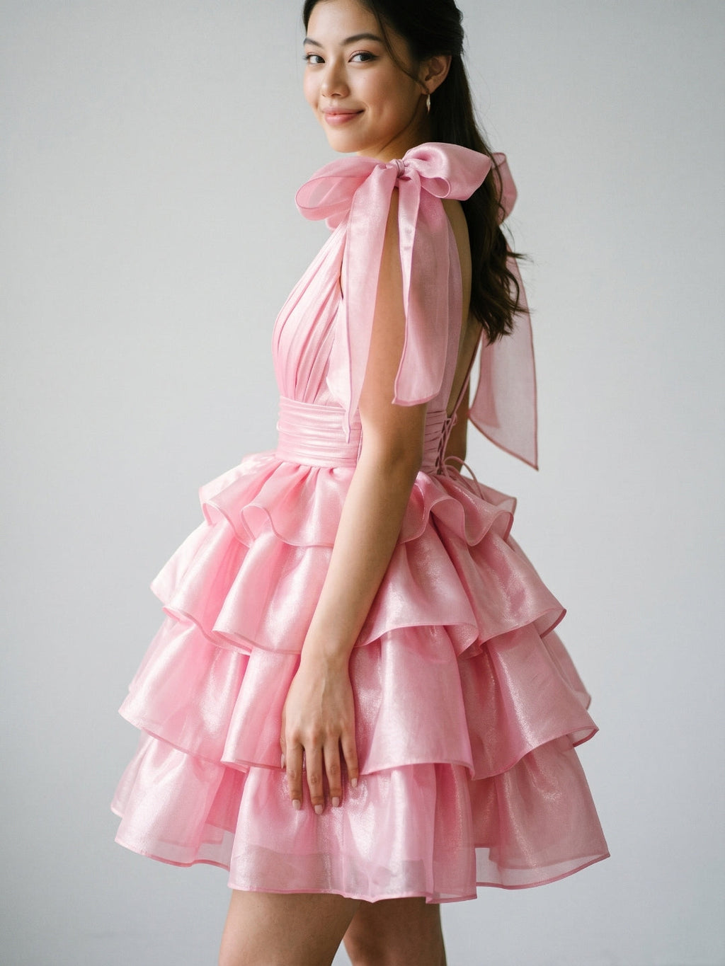 Blushing Pink Satin A-Line V-Neck Backless Short Homecoming Dress with Cascading Ruffles - Curvevia