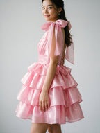Blushing Pink Satin A-Line V-Neck Backless Short Homecoming Dress with Cascading Ruffles - Curvevia