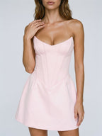 Blushing Pink Satin A-Line V-Neck Lace-Up Back Short Dress - Curvevia