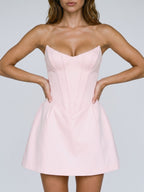 Blushing Pink Satin A-Line V-Neck Lace-Up Back Short Dress - Curvevia