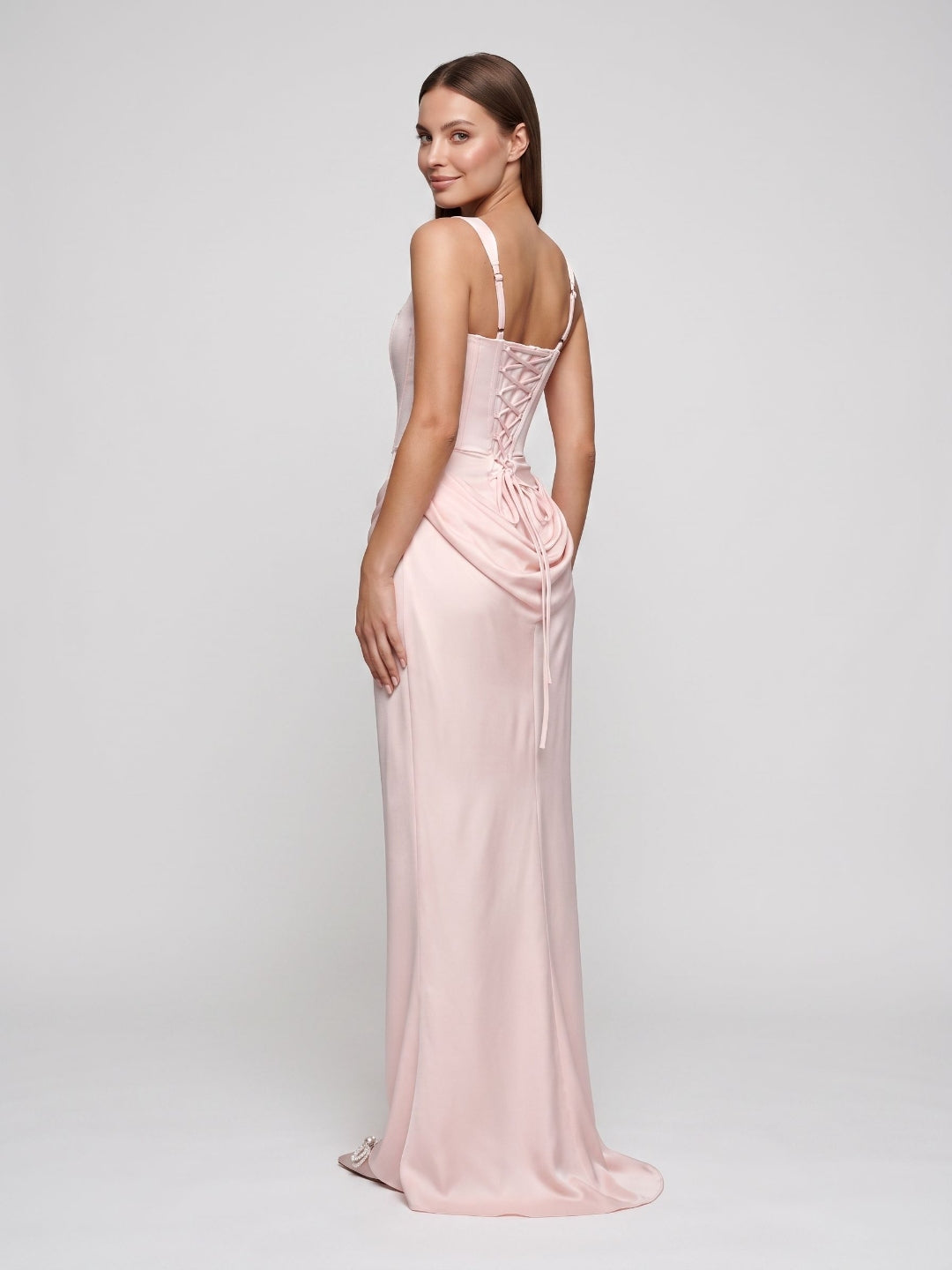 Blushing Pink Satin Mermaid Square Neck Lace-Up Back Floor Length Dress - Curvevia