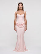 Blushing Pink Satin Mermaid Square Neck Lace-Up Back Floor Length Dress - Curvevia