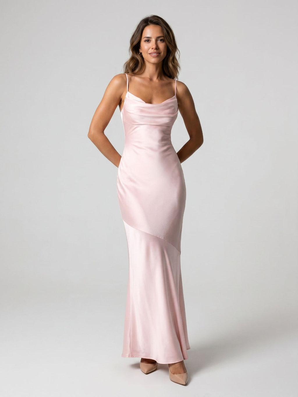 Blushing Pink Satin Sheath Cowl Neck Back Zip Floor-Length Evening Dress - Curvevia
