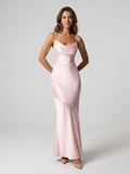 Blushing Pink Satin Sheath Cowl Neck Back Zip Floor-Length Evening Dress - Curvevia