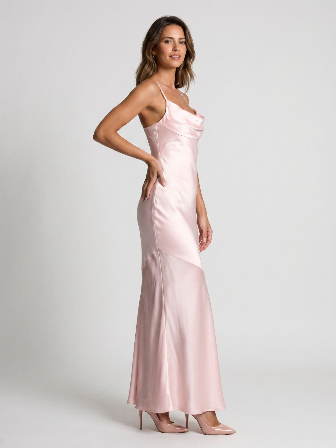 Blushing Pink Satin Sheath Cowl Neck Back Zip Floor-Length Evening Dress - Curvevia