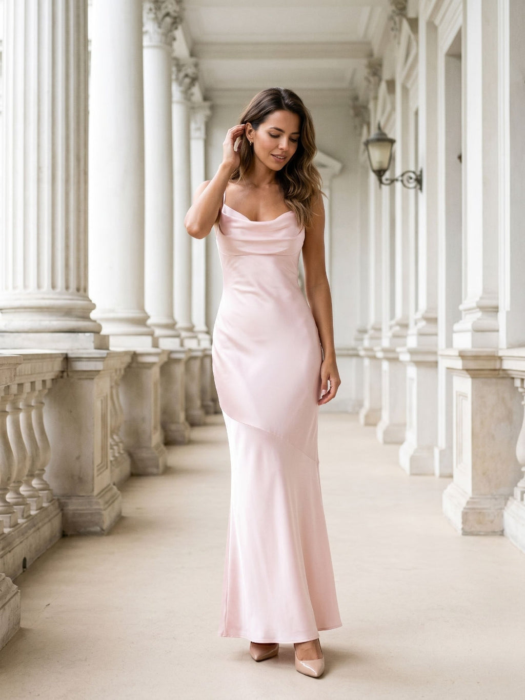 Blushing Pink Satin Sheath Cowl Neck Back Zip Floor-Length Evening Dress - Curvevia