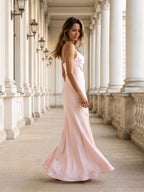 Blushing Pink Satin Sheath Cowl Neck Back Zip Floor-Length Evening Dress - Curvevia