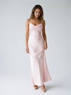 Blushing Pink Satin Sheath Cowl Neck Back Zip Floor-Length Evening Dress - Curvevia