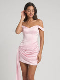 Blushing Pink Satin Sheath Off-the-Shoulder Back Zip Short Dress with Pleating - Curvevia