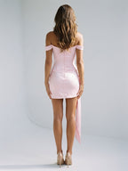 Blushing Pink Satin Sheath Off-the-Shoulder Back Zip Short Dress with Pleating - Curvevia
