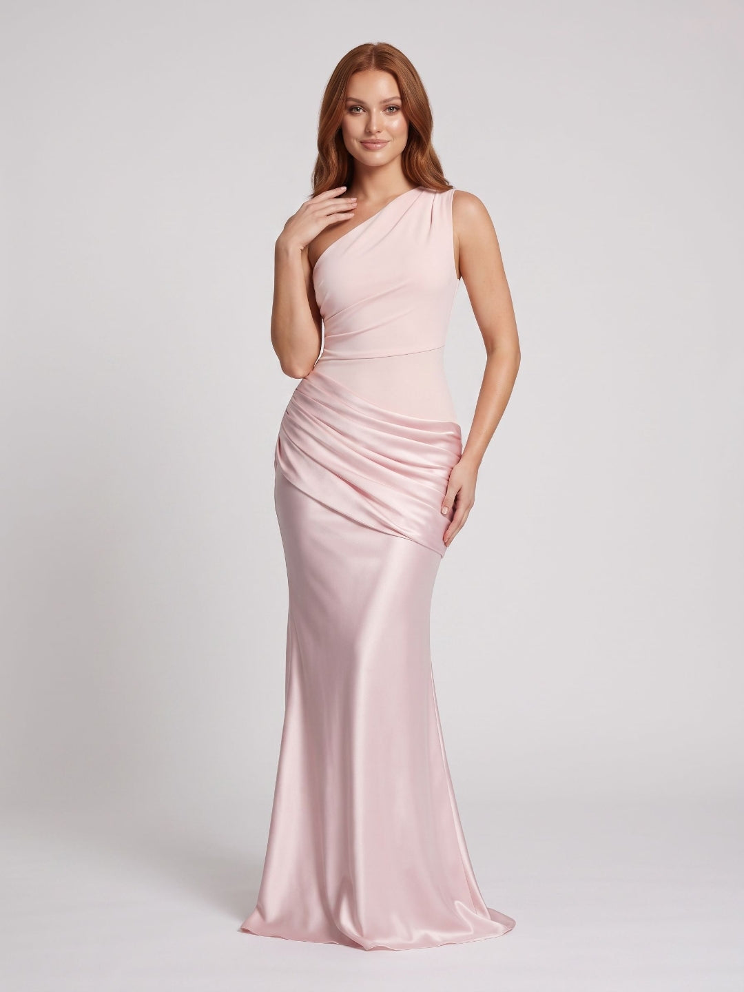 Blushing Pink Satin Sheath One Shoulder Floor-Length Dress - Curvevia
