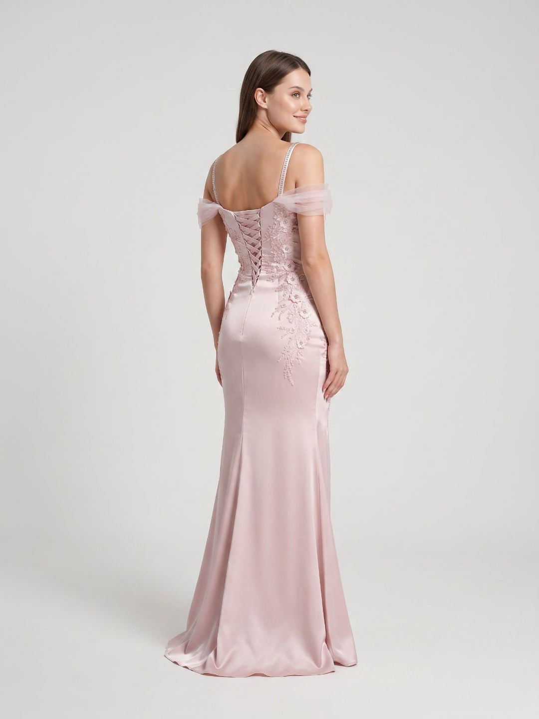 Blushing Pink Satin & Lace Mermaid Sweetheart Lace-Up Back Floor-Length Dress - Curvevia