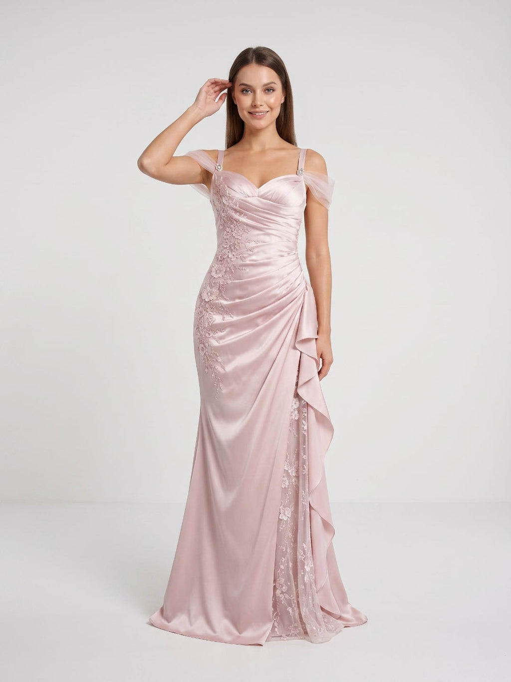Blushing Pink Satin & Lace Mermaid Sweetheart Lace-Up Back Floor-Length Dress - Curvevia