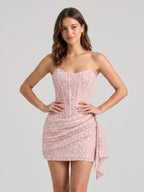 Blushing Pink Sequins Sheath Scoop Neck Back Zip Short Prom Dress - Curvevia