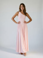 Blushing Pink Stretch Knit A-Line One Shoulder Floor-Length Formal Dress with Pleating - Curvevia
