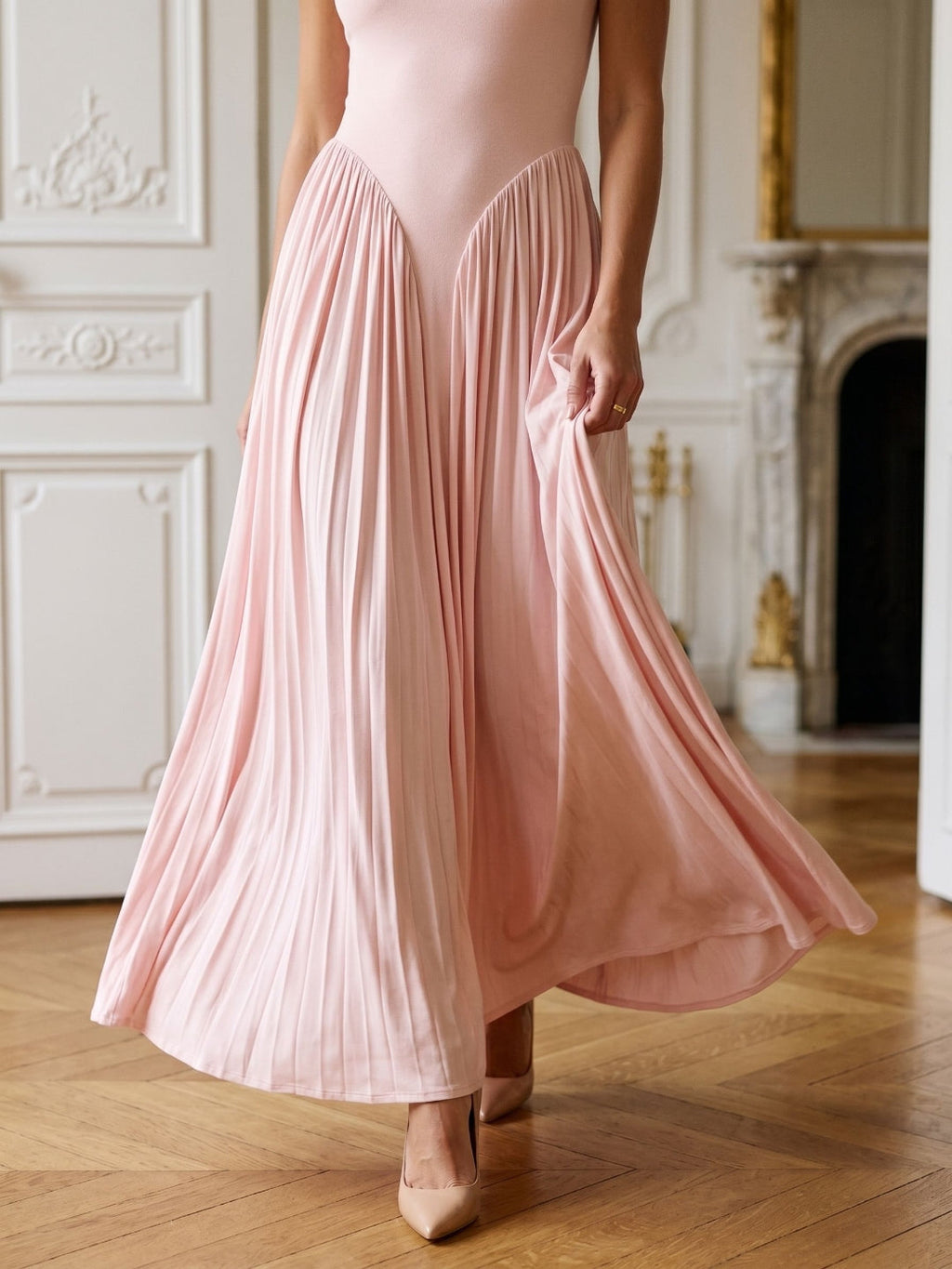 Blushing Pink Stretch Knit A-Line One Shoulder Floor-Length Formal Dress with Pleating - Curvevia