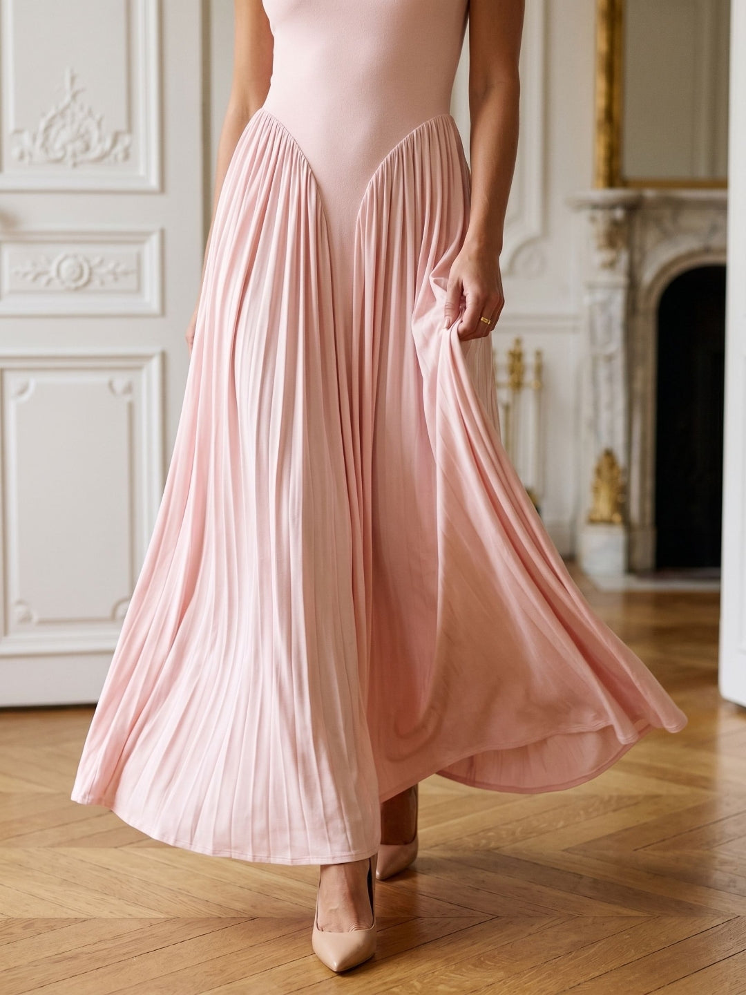 Blushing Pink Stretch Knit A-Line One Shoulder Floor-Length Formal Dress with Pleating - Curvevia