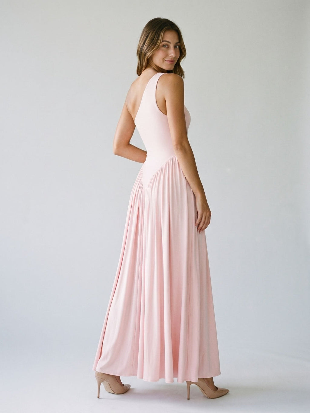 Blushing Pink Stretch Knit A-Line One Shoulder Floor-Length Formal Dress with Pleating - Curvevia