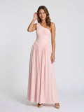 Blushing Pink Stretch Knit A-Line One Shoulder Floor-Length Formal Dress with Pleating - Curvevia