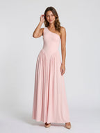 Blushing Pink Stretch Knit A-Line One Shoulder Floor-Length Formal Dress with Pleating - Curvevia