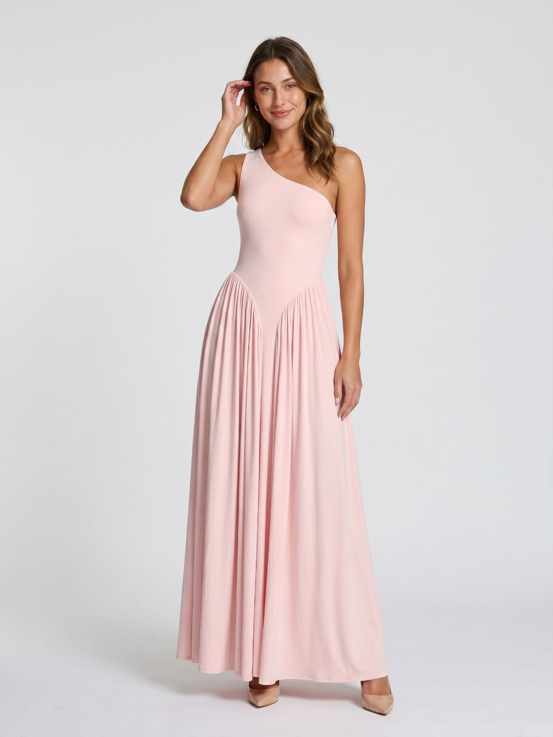 Blushing Pink Stretch Knit A-Line One Shoulder Floor-Length Formal Dress with Pleating - Curvevia