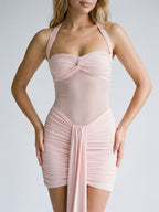 Blushing Pink Stretch Knit Sheath Halter Illusion Back Short Dress with Pleating - Curvevia