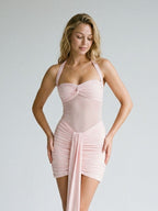 Blushing Pink Stretch Knit Sheath Halter Illusion Back Short Dress with Pleating - Curvevia
