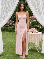 Blushing Pink Stretch Knit Sheath V-Neck Back Zip Ankle-Length Dress - Curvevia
