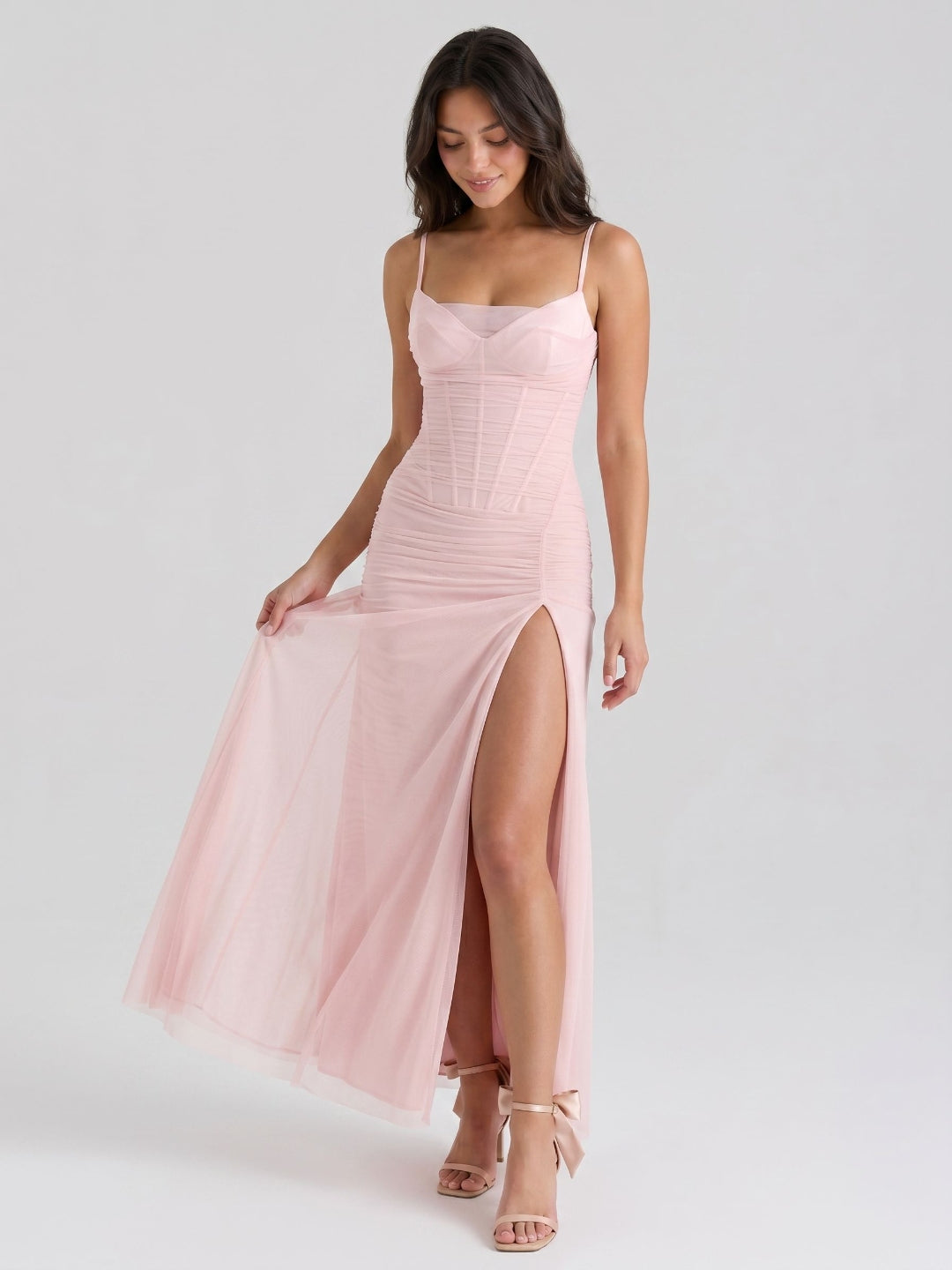 Blushing Pink Stretch Knit Sheath V-Neck Back Zip Ankle-Length Dress - Curvevia