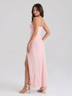 Blushing Pink Stretch Knit Sheath V-Neck Back Zip Ankle-Length Dress - Curvevia