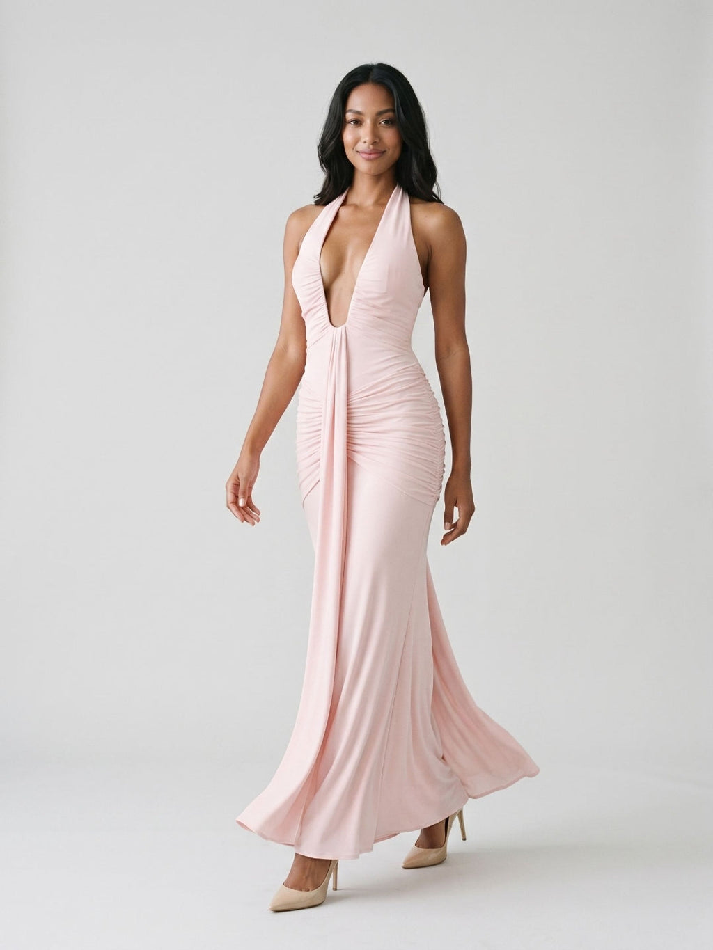 Blushing Pink Stretch Knit Sheath V-Neck Backless Floor-Length Formal Dress with Bow - Curvevia