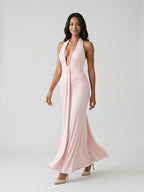 Blushing Pink Stretch Knit Sheath V-Neck Backless Floor-Length Formal Dress with Bow - Curvevia