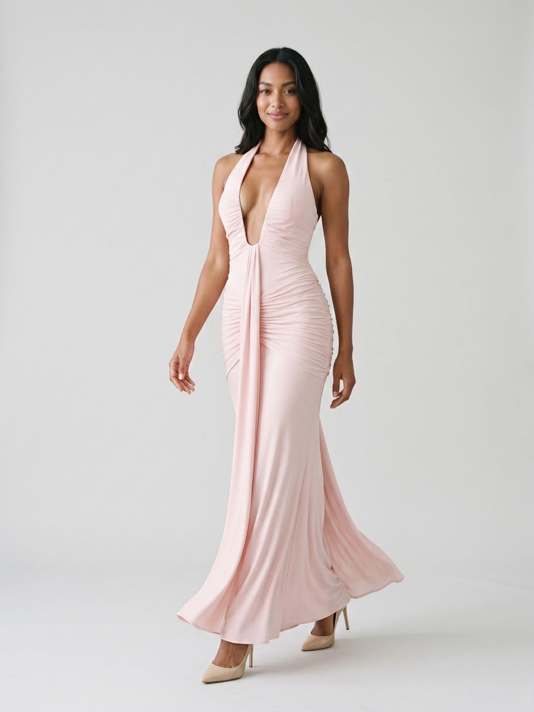 Blushing Pink Stretch Knit Sheath V-Neck Backless Floor-Length Formal Dress with Bow - Curvevia