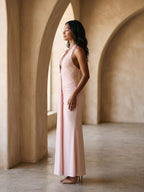 Blushing Pink Stretch Knit Sheath V-Neck Backless Floor-Length Formal Dress with Bow - Curvevia