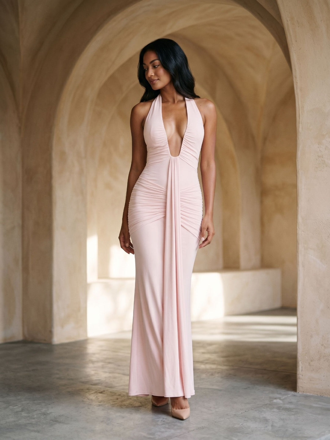 Blushing Pink Stretch Knit Sheath V-Neck Backless Floor-Length Formal Dress with Bow - Curvevia