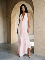 Blushing Pink Stretch Knit Sheath V-Neck Backless Floor-Length Formal Dress with Bow - Curvevia
