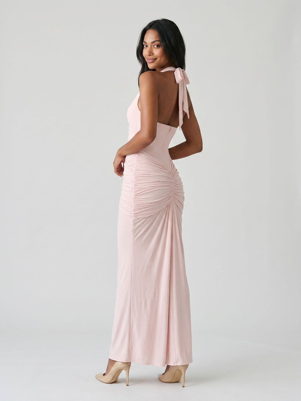 Blushing Pink Stretch Knit Sheath V-Neck Backless Floor-Length Formal Dress with Bow - Curvevia