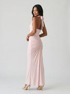 Blushing Pink Stretch Knit Sheath V-Neck Backless Floor-Length Formal Dress with Bow - Curvevia