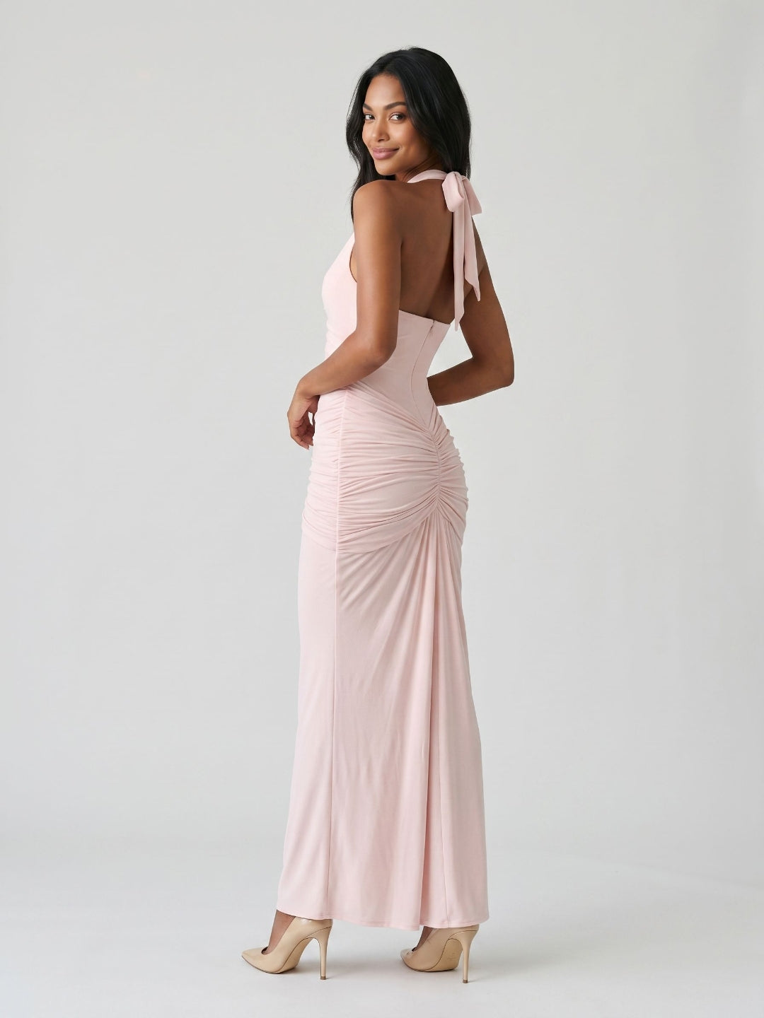 Blushing Pink Stretch Knit Sheath V-Neck Backless Floor-Length Formal Dress with Bow - Curvevia