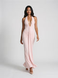 Blushing Pink Stretch Knit Sheath V-Neck Backless Floor-Length Formal Dress with Bow - Curvevia