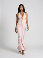 Blushing Pink Stretch Knit Sheath V-Neck Backless Floor-Length Formal Dress with Bow - Curvevia