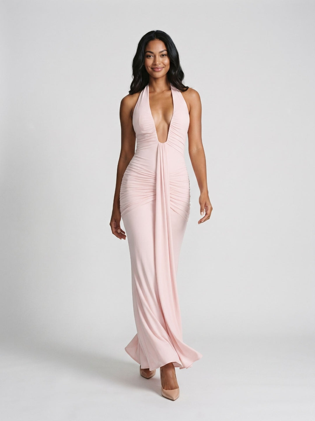 Blushing Pink Stretch Knit Sheath V-Neck Backless Floor-Length Formal Dress with Bow - Curvevia