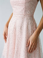 Blushing Pink Tulle A-Line Cowl Neck Back Zip Short Homecoming Dress with Sequins - Curvevia