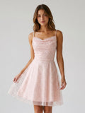 Blushing Pink Tulle A-Line Cowl Neck Back Zip Short Homecoming Dress with Sequins - Curvevia