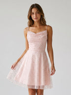 Blushing Pink Tulle A-Line Cowl Neck Back Zip Short Homecoming Dress with Sequins - Curvevia