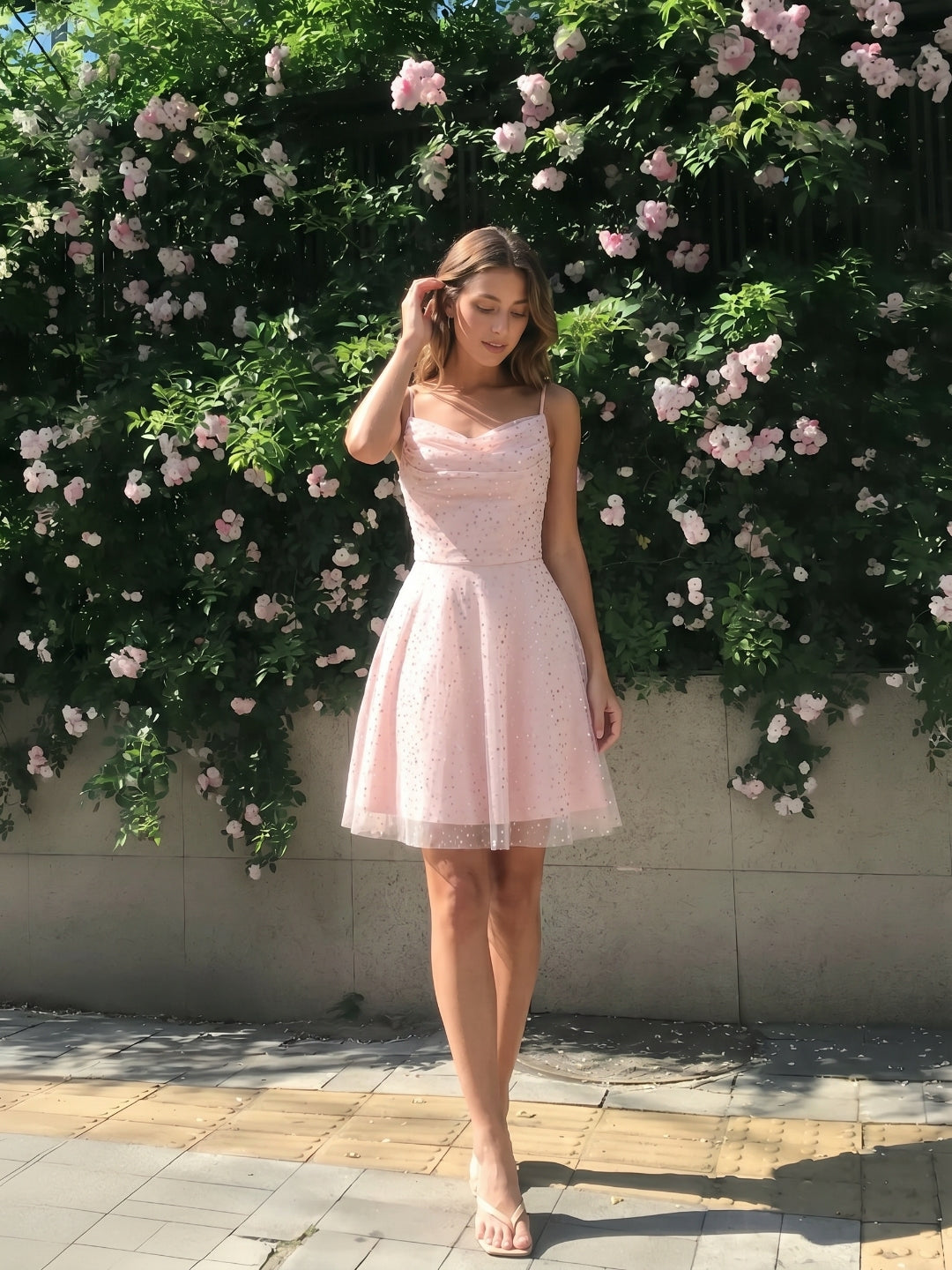Blushing Pink Tulle A-Line Cowl Neck Back Zip Short Homecoming Dress with Sequins - Curvevia