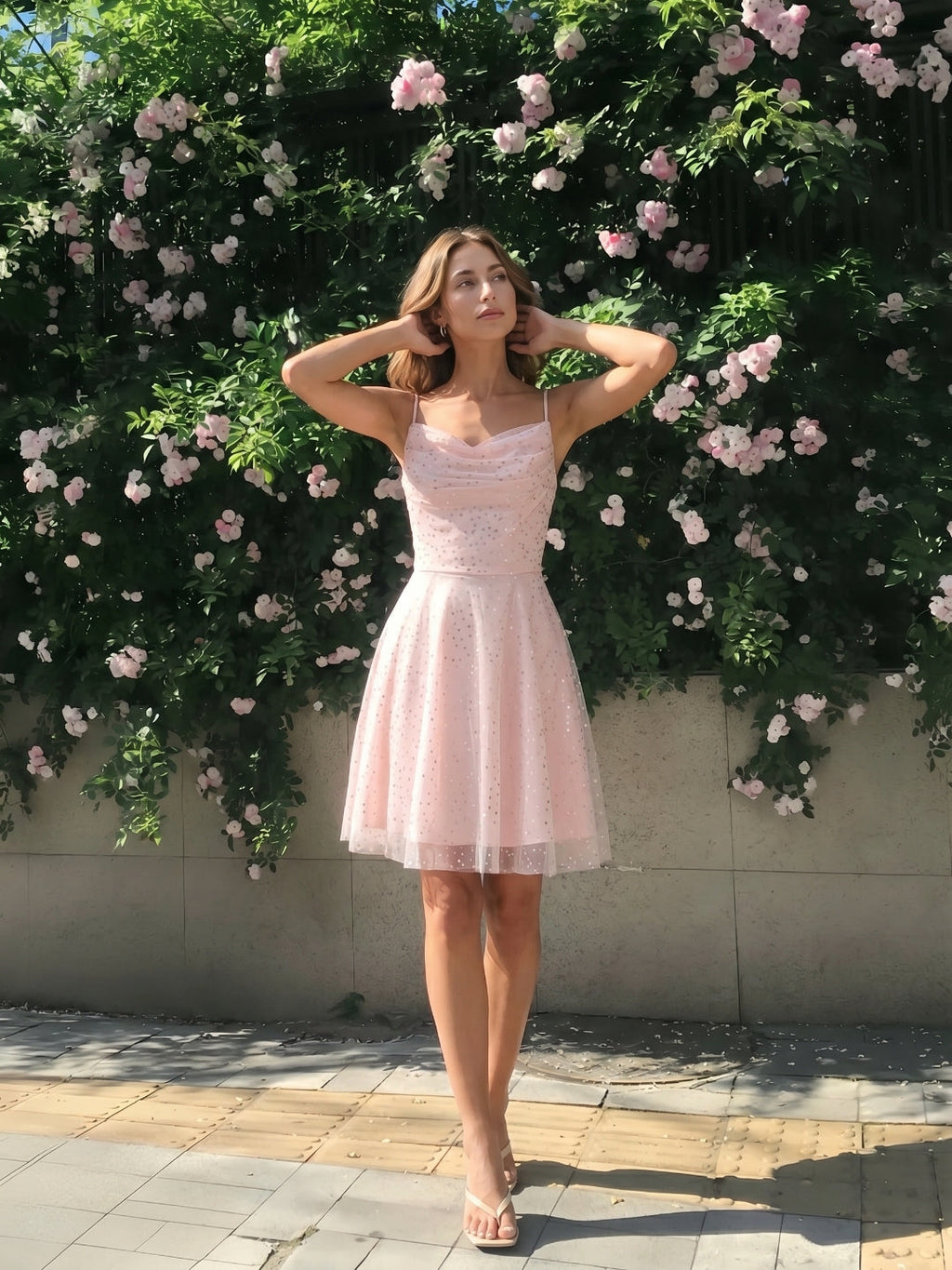 Blushing Pink Tulle A-Line Cowl Neck Back Zip Short Homecoming Dress with Sequins - Curvevia