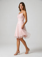 Blushing Pink Tulle A-Line Cowl Neck Back Zip Short Homecoming Dress with Sequins - Curvevia